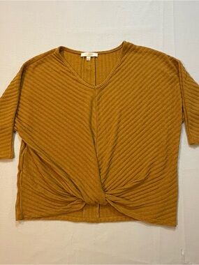 Ivy & Sage Ribbed Twist Front Mustard Knit Top Large Boho